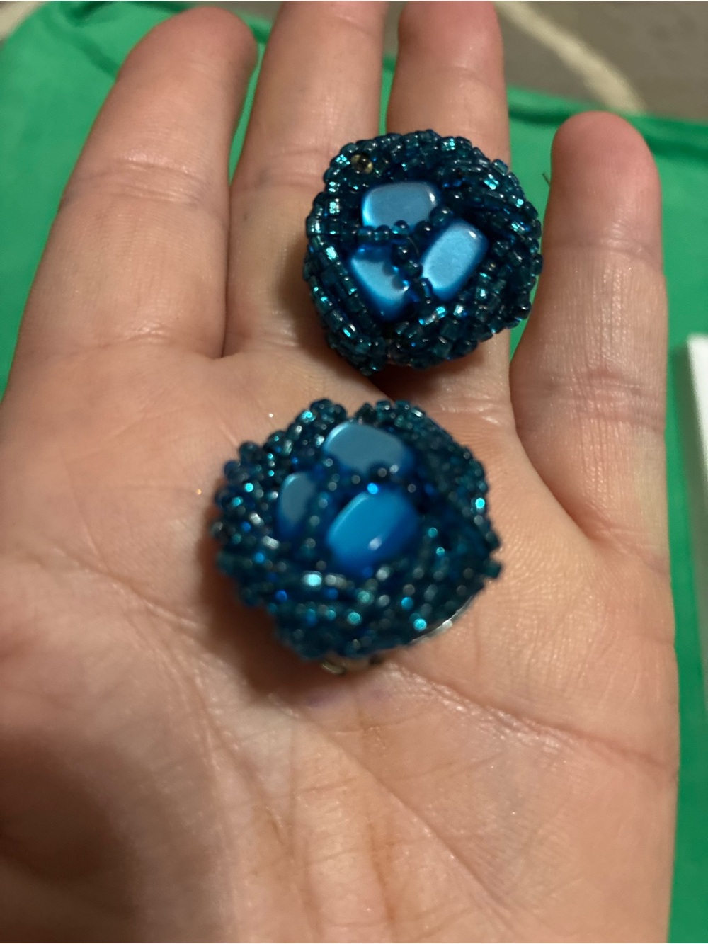 Handcrafted Beaded Blue Flower Clip-On Earrings